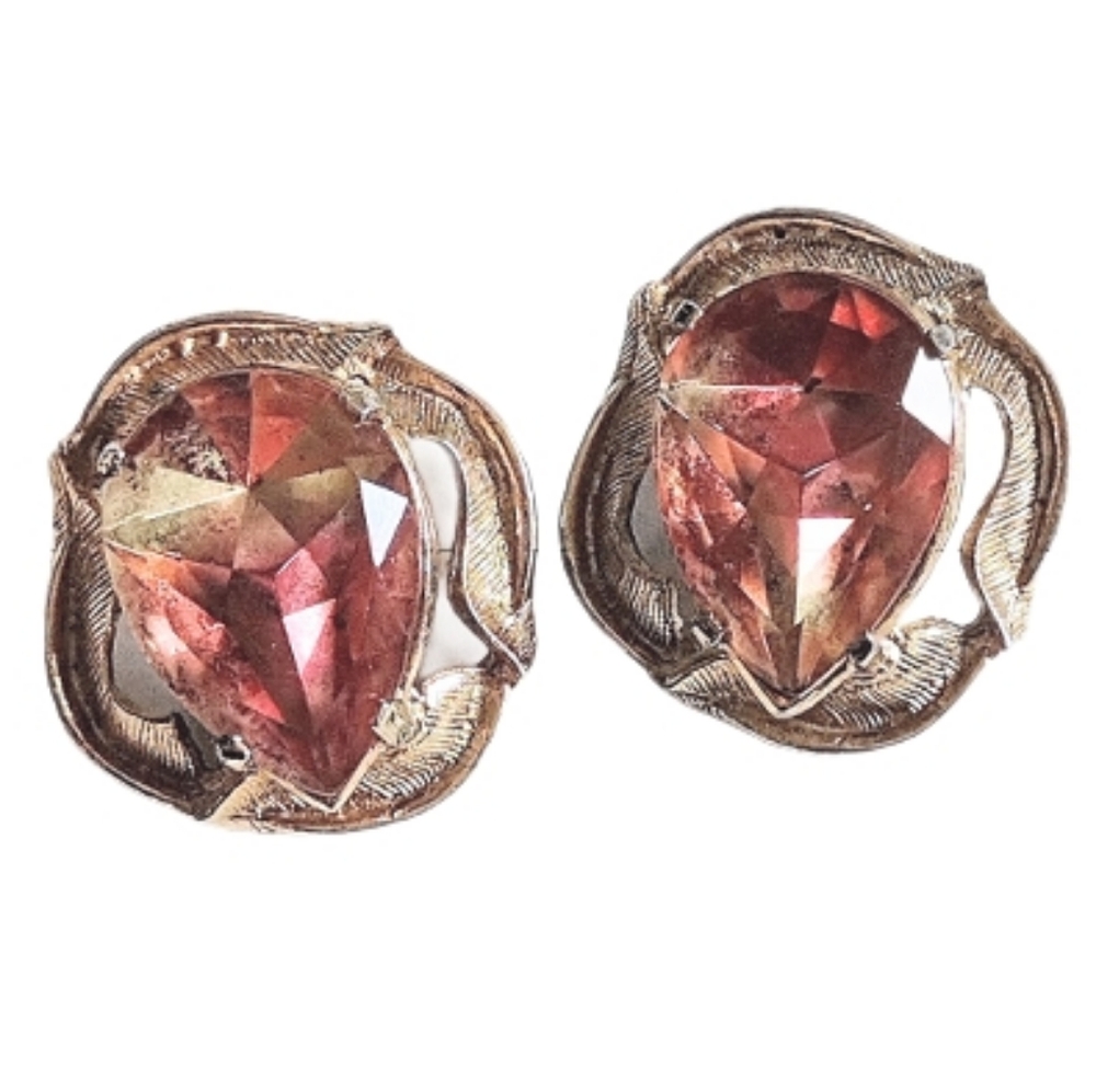 🍑 Vintage Elizabeth Morrey Huge Tear Drop Ombre Rhinestone Headlight Earrings